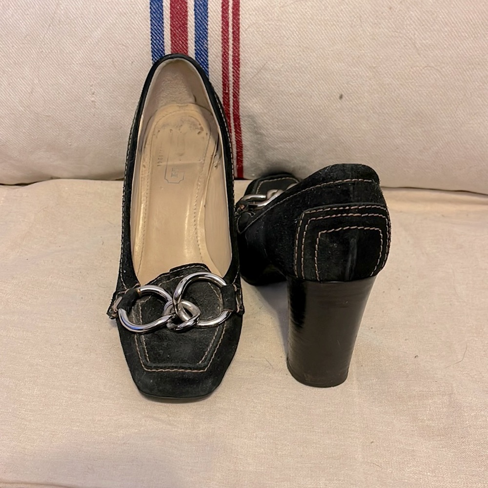 Black suede Coach heels